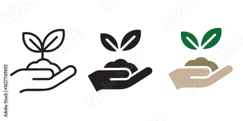 Three illustrations of hand holding soil with a sprout in black and white and green and beige