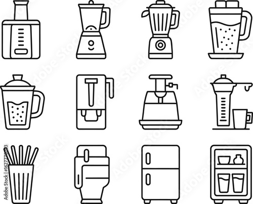 Collection of kitchen appliances and utensils hand drawn sketch style