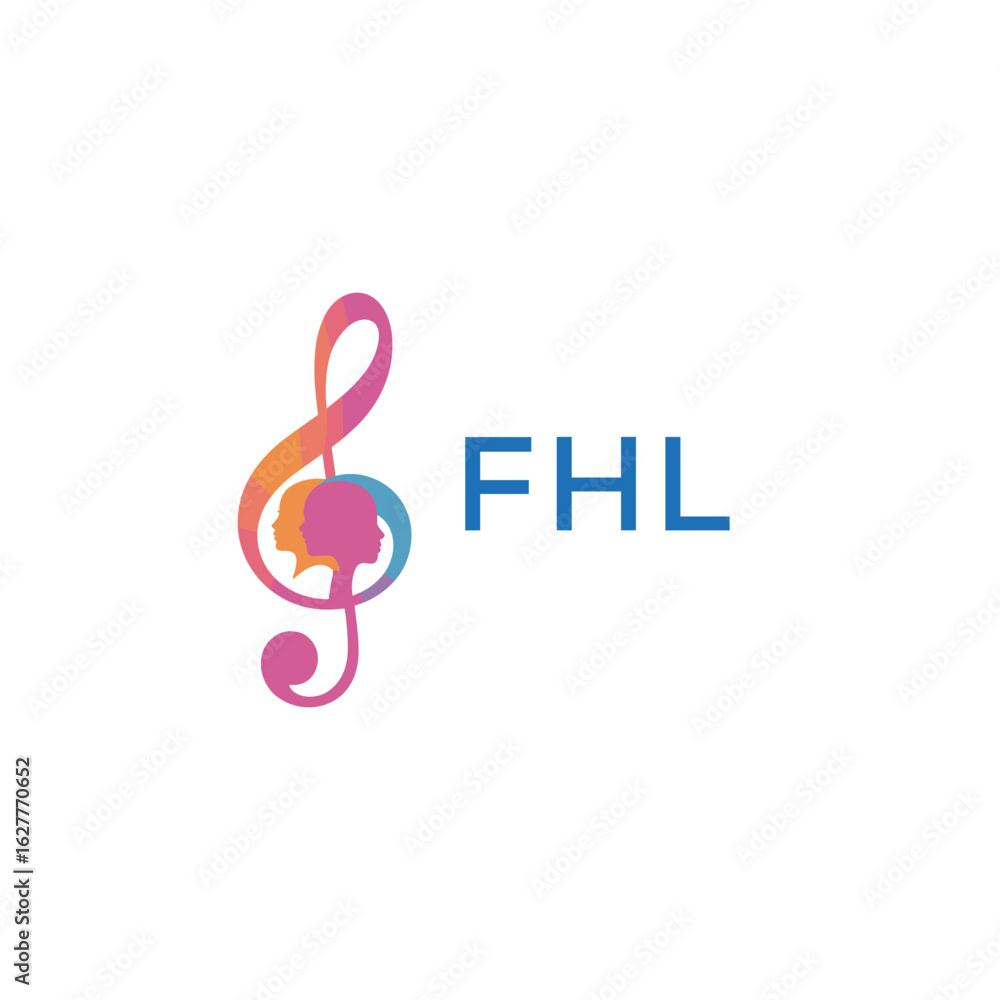 Fototapeta premium FHL “Creative music logo with human silhouettes and treble clef in gradient colors, FHL Later Logo, modern artistic design isolated on white background”
