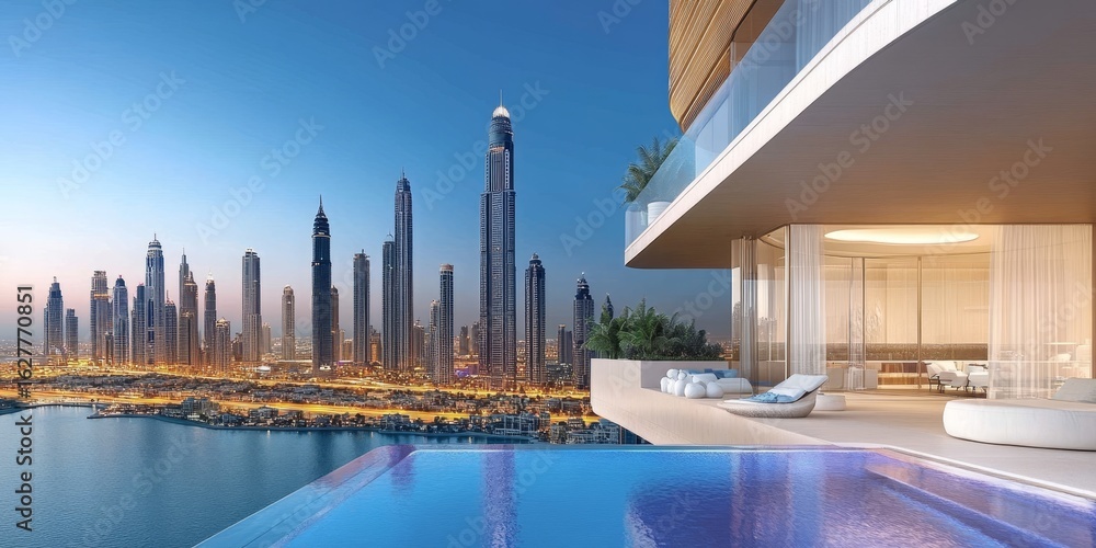 Obraz premium Stunning Modern Penthouse with Infinity Pool Overlooking Dubai Cityscape, Luxury Living Experience