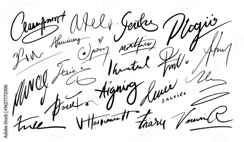 Collection of handwritten signatures in black ink on white autograph script