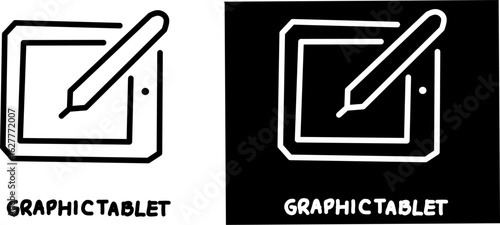 Minimalist line art icon of a graphic tablet and stylus in black and white versions. Perfect for digital art, design tools, creativity, and tech-related visual content.
