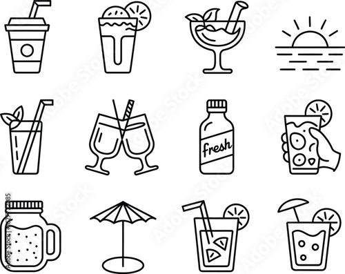 Set of hand drawn summer drinks and beach icons in a doodle style