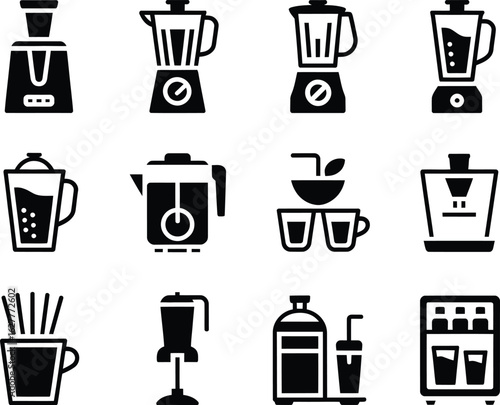 Collection of kitchen appliance icons including blenders juicers and kettles
