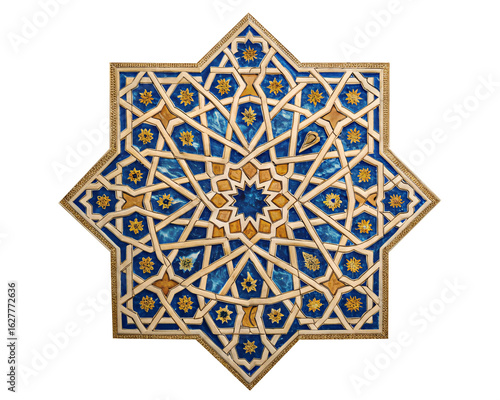 Intricate Islamic star tile pattern with geometric design in blue and gold
