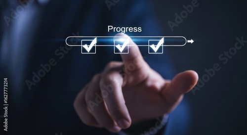 Hand points to progress bar with completed tasks and checkmarks