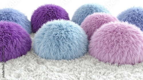 Fluffy, colorful spheres on white carpet