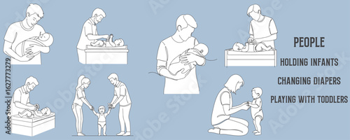 Architectural Drawings people holding infants, changing diapers, or playing with toddlers vector illustration, side view, human person Minimal style hand drawn.