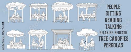 Architectural Drawings people sitting, reading, talking, or relaxing beneath tree canopies or pergolas vector illustration, side view, human person Minimal style hand drawn.
