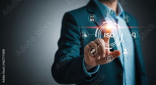 Businessman interacting with iso certification digital interface