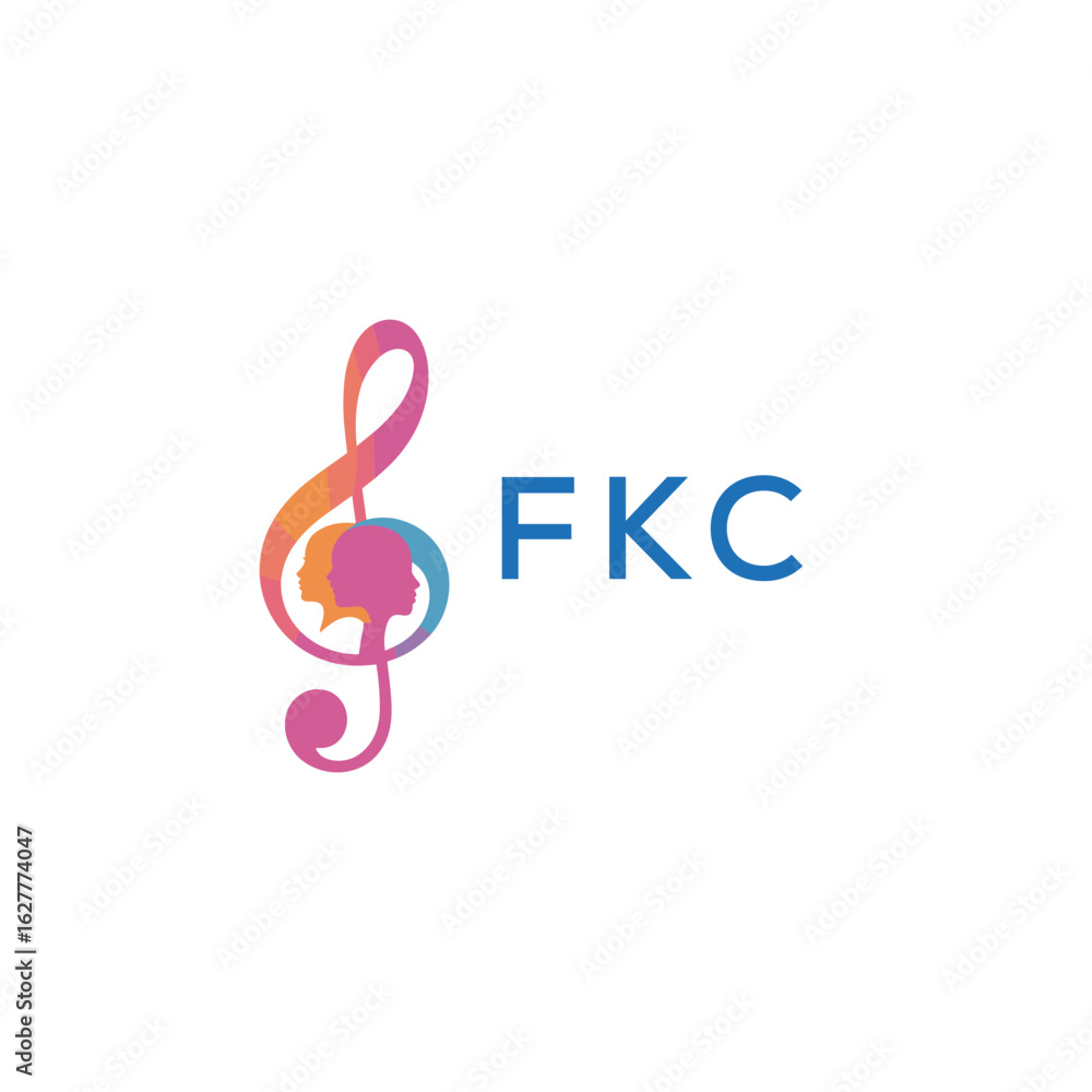 Naklejka premium FKC “Creative music logo with human silhouettes and treble clef in gradient colors, FKC Later Logo, modern artistic design isolated on white background” 