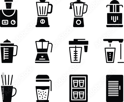 Collection of kitchen appliance icons including blenders juicers and coffee makers