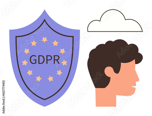 Shield labeled GDPR with stars, user profile, and a cloud emphasize data protection, user rights, and secure storage. Ideal for data privacy, compliance, cloud computing, security regulation
