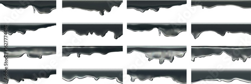 Black paint drip set with melting vector drops and oil splatter effects. 3D liquid textures for graffiti backgrounds or Halloween zombie designs. Oozing patterns or sticky chocolate.