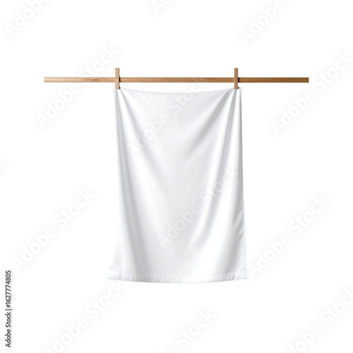 Simple white towel hung up to dry on transparent background