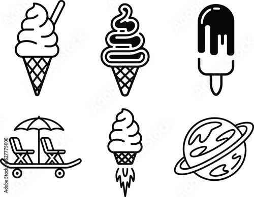Collection of whimsical hand drawn ice cream and summer icons