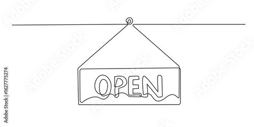 continuous line open sign. single line hanging information sign, open sign. for business, retailer, cafe shop and others