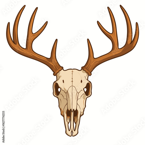 A detailed illustration of a deer skull with antlers on a white background, representing wildlife and nature.