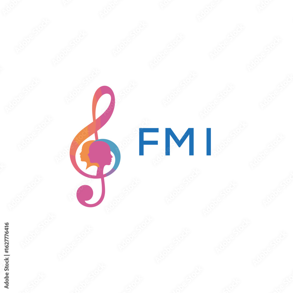 Naklejka premium FMI “Colorful music logo with human faces and treble clef design” FMI Later Logo, “Abstract music school logo with people and melody icon” 