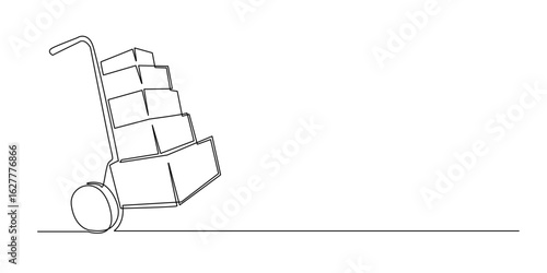 Continuous line illustration of a hand trolley loaded with stacked boxes. Minimalist and clean design, perfect for themes of logistics, delivery, shipping, or courier services. Simple one-line vector 