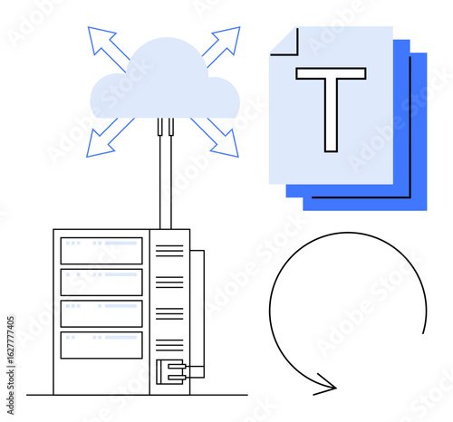 Server connecting to cloud with outbound arrows, files with text, circular arrow. Ideal for cloud storage, file transfer, data syncing, automation, backups, digital workflows simple landing page