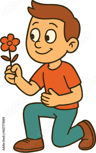 Charming cartoon boy kneeling on one knee to present a single red flower with a smile. A sweet gesture of affection or a proposal.