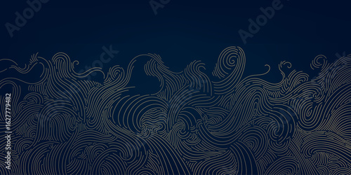 Vector line wave gold japanese sea pattern, oriental graphic waves, vintage nature art. Curve elegant ocean chinese background, flow template.