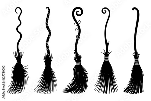 Five stylized black witch brooms with varied handles and bristles halloween magic