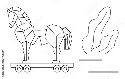 Geometric Trojan horse on wheels beside abstract leaf shapes and parallel outlined bars. Ideal for technology, security, strategy, history, creativity, education, simple landing page