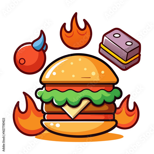 Fiery cartoon burger with flaming accents and a mystery object