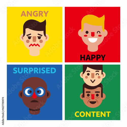 Expressive faces convey anger, happiness, surprise, and contentment in vibrant bold colors