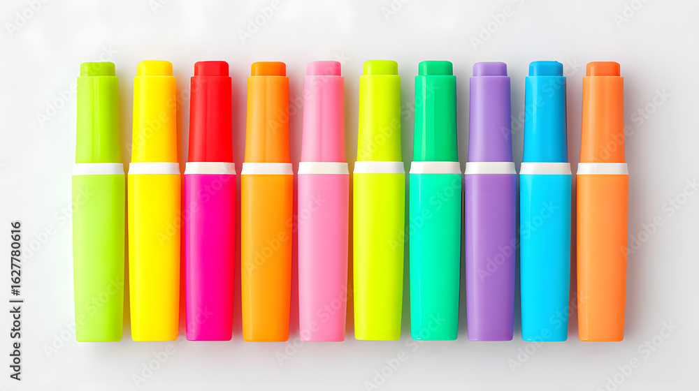 Fototapeta premium Set of colorful highlighters arranged in a row. Perfect for school stationery visuals, creative office content, or study supply branding.