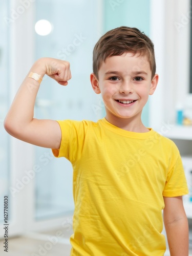 Child showing off strength with band-aid home environment lifestyle portrait cheerful mood