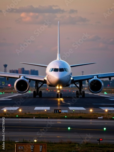 Airplane taking off at sunset international airport high-definition image urban landscape ground view aviation concept