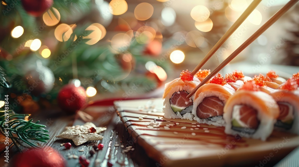 Fototapeta premium Sushi rolls on a wooden plate with chopsticks. Christmas decorations and lights in the background create a festive atmosphere.