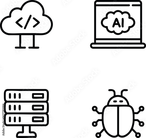 Technology and programming line icons code bracket, cloud computing, server, AI brain, bug.