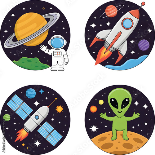 Space and astronomy icon set planet Saturn, astronaut, rocket, satellite, alien. Cute cartoon style, vector, isolated.