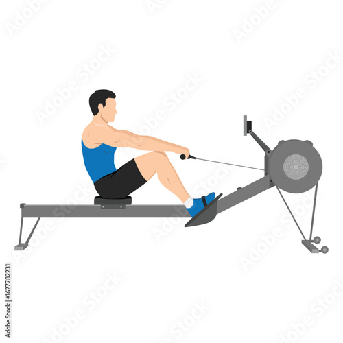 Man exercising on a rowing machine, engaging in a full body cardio and strength workout.