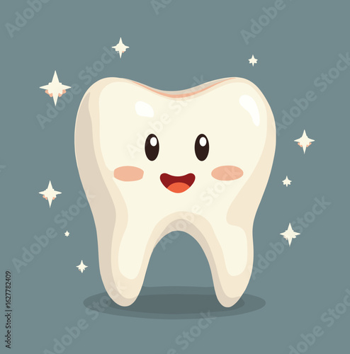 Cartoon-style happy tooth character with a smiling face and sparkling stars on a blue background
