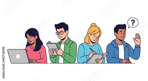 A diverse group of students or colleagues is depicted in a modern flat illustration, actively engaged in various learning activities including typing, reading, writing, and asking questions.