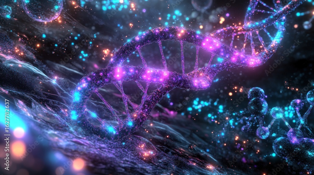 Fototapeta premium Abstract DNA helix with glowing particles