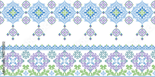 Blue Talavera pattern. Indian patchwork. Azulejos Portugal. Turkish ornament. Moroccan tile mosaic. Ceramic tableware. Spanish pottery. Mediterranean seamless wallpaper.