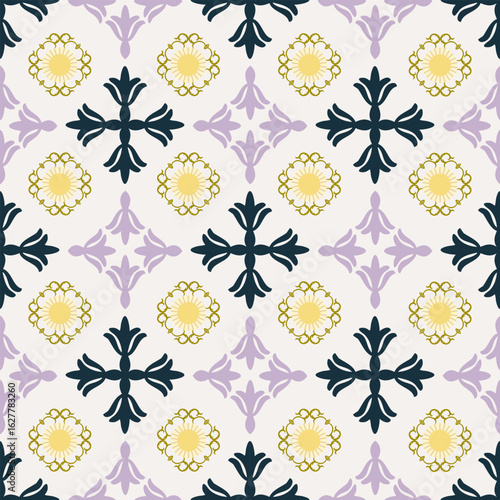 Dark blue and yellow vector damask seamless pattern with decorative flowers in retro style. Vector illustration. Design for wallpaper, textiles, and wrapping.