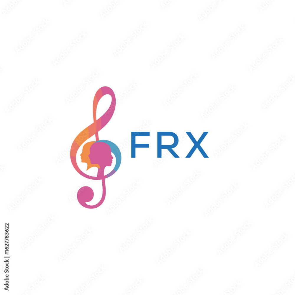 Fototapeta premium FRX “Colorful music logo with human faces and treble clef design” FRX Later Logo, “Abstract music school logo with people and melody icon” 