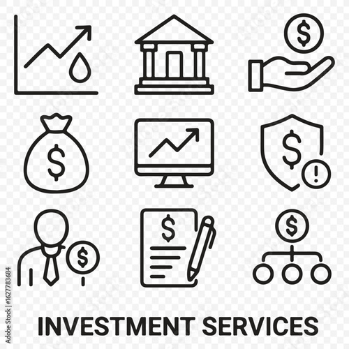 Investment Services Icons Set – Finance, Banking, and Money Management Symbols in Outline Style, investment, finance, banking, money, savings, stock market, business,