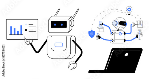 Robot holding analytics board and laptop while performing multitasking tasks, including analysis, automation, and innovation. Ideal for AI, robotics, automation, analytics, business technology