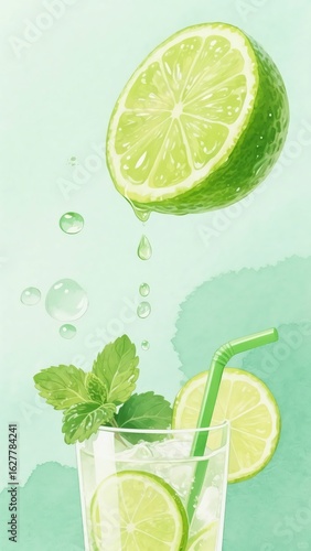 A refreshing and vibrant vertical illustration of a summer lime drink with ice, mint leaves, and a straw, with a sliced lime and water droplets floating above, perfect for social media stories or menu