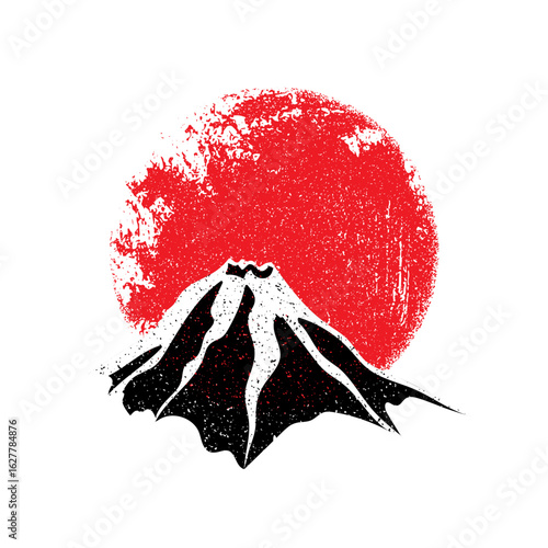 Hand drawn brush red sun with  japanese decorative design element. Red grunge japanese flag circle stamp. Ground asian rough icon element. Vector textured shape