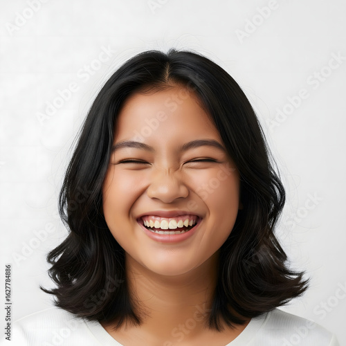 Portrait of a cheerful young Asian woman with a beautiful smile and braces, laughing with pure joy against a white background.