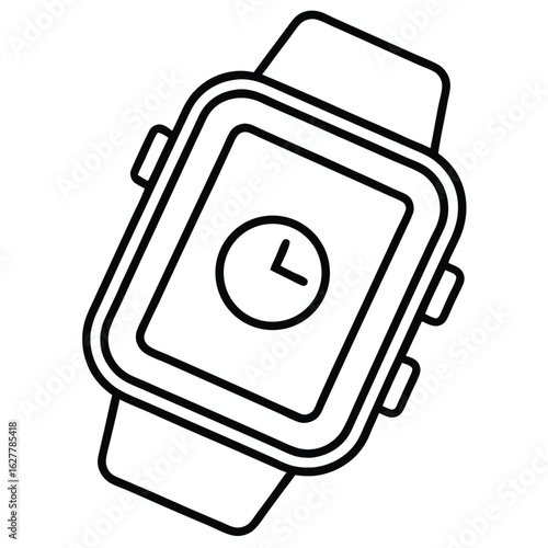 Black and white outline of a digital wristwatch with a clock face digital watch time